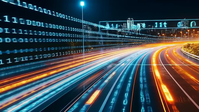 Light trails on highway with binary code overlay at night