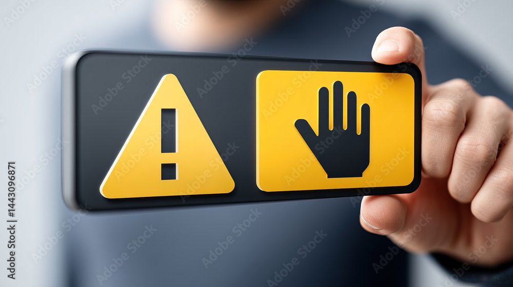 Poster digital warning panel activated by worker hand showing caution and stop symbols on black background