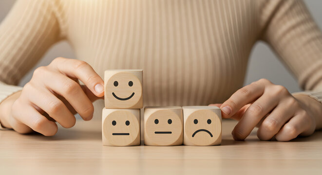 Customer Feedback on Wooden Blocks with Rating Faces Showing Satisfaction Levels