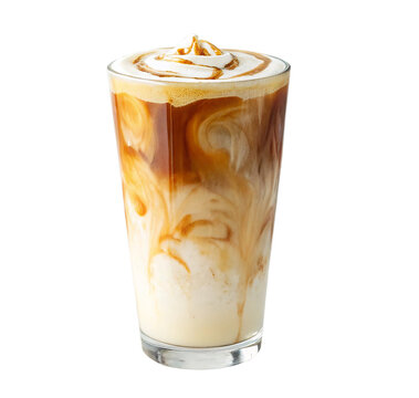 Iced caramel macchiato coffee drink isolated on a transparent background for food advertising.