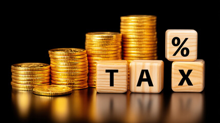 Tax concept with wooden cubes and stacked gold coins representing finance and taxation theme