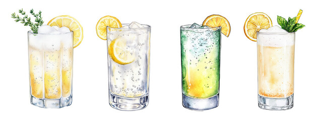 PNG gin fizz cocktails with ice cubes, lemon slices, foam and carbonated texture served in highball glasses. Watercolor illustration isolated on transparent background. Citrus summer cocktail 