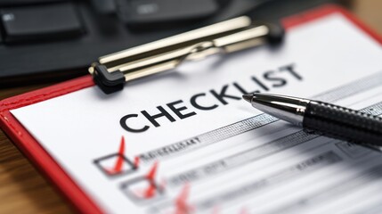 Fototapeta premium Detailed Checklist with Pen on Wooden Table for Task Management