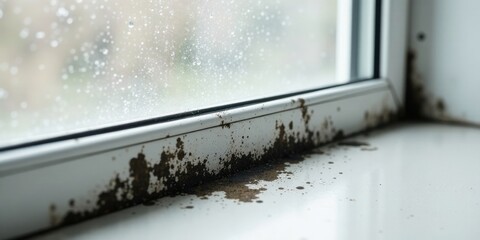 Close-up view of dark mold growth on a windowsill, indicating a potential moisture problem in the building requiring immediate remediation