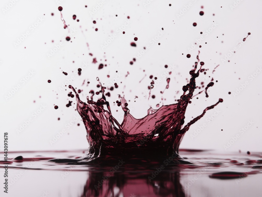 Poster dramatic close up of vibrant red wine splash against a bright white background creating dynamic abst