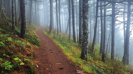 Obraz premium A mysterious trail through a forest thick with fog, where tall treesâ€™ branches stretch toward each other overhead. 