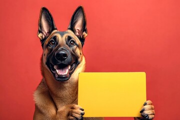 Obraz premium Cute pal for marketing. Ð¡ute adult dog belgian malinois hold in front paws a prototype - large yellow drive sign. Mascot for ad mockup. Isolated dog on a solid dress code red background.