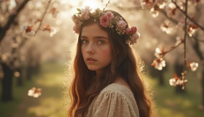 Fototapeta premium A young woman with long brown hair and floral crown stands in a blooming orchard with soft light and cherry blossoms surrounding her in a tranquil spring moment