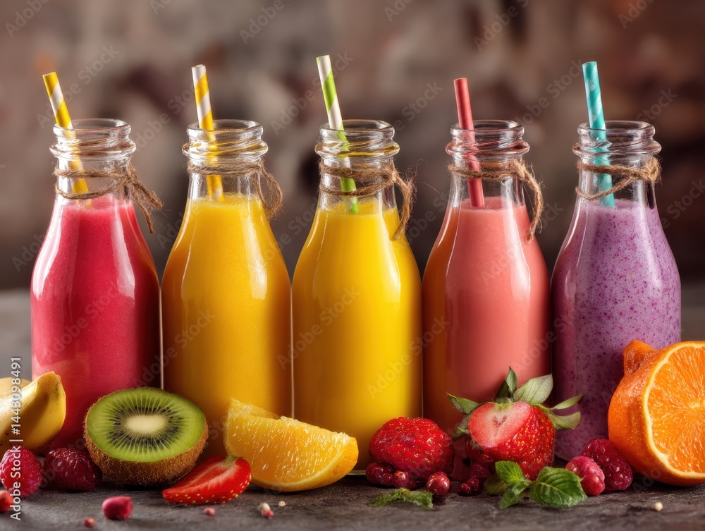 Aufkleber vibrant array of colorful fruit smoothies in glass bottles with straws on a rustic surface capturing
