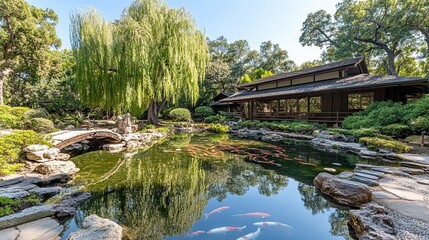 A peaceful Japanese garden with a koi pond, willow trees bending over the water, and a small stone bridge. 