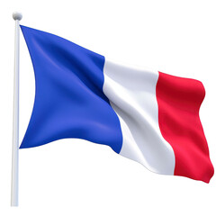 Image shows French flag waving, featuring vertical blue, white, and red stripes. flag is attached to pole, symbolizing national pride and identity