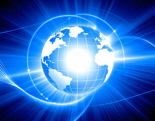Naklejka premium Global Digital Network. A glowing digital Earth surrounded by blue energy lines, symbolizing global connectivity. Ideal for tech presentations, websites, global business, or communication visuals