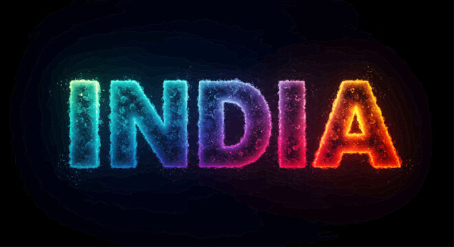 Digitally generated image on a dark, almost black background depicting the word "india" in a stylized, 3D style.