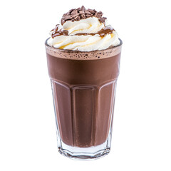 Tall glass of rich chocolate milkshake topped with whipped cream and chocolate shavings, creating delicious and indulgent treat