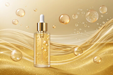 glass vial with professional facial serum on the background of waves and bubbles. Template cosmetic products with oil Q10. Element for design, advertising, promotion of cosmetic - generated by ai