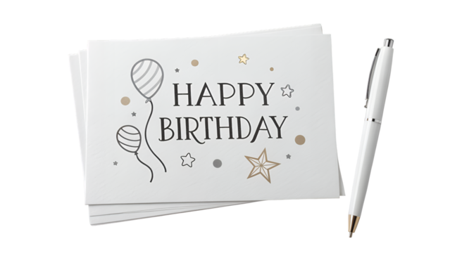 Stack of happy birthday cards with balloon and star design next to a white and gold pen png on transparent background