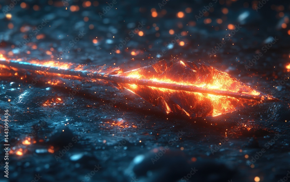 Poster fiery arrow embedded in a bed of glowing particles.