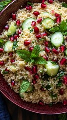 Delicious and vibrant couscous salad featuring fresh cucumber, juicy pomegranate seeds, and fragrant mint leaves, perfect for summer meals and gatherings.