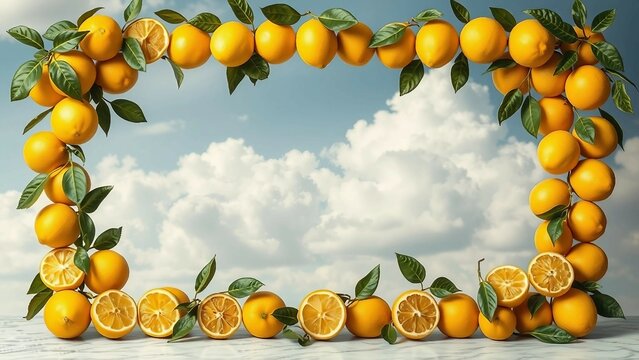 Fruchtiger Rahmen aus Zitronen und gr&uuml;nen Bl&auml;ttern auf einem Hintergrund f&uuml;r Patz von Texten. Ideal f&uuml;r Sommerdesigns, Einladungen, Rezepte, Poster oder mediterrane Deko-Projekte.