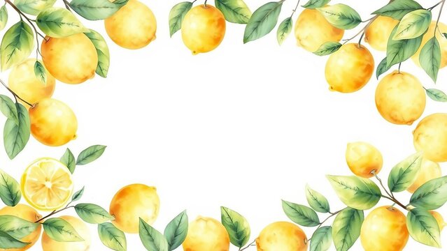 Fruchtiger Rahmen aus Zitronen und gr&uuml;nen Bl&auml;ttern auf einem Hintergrund f&uuml;r Patz von Texten. Ideal f&uuml;r Sommerdesigns, Einladungen, Rezepte, Poster oder mediterrane Deko-Projekte.