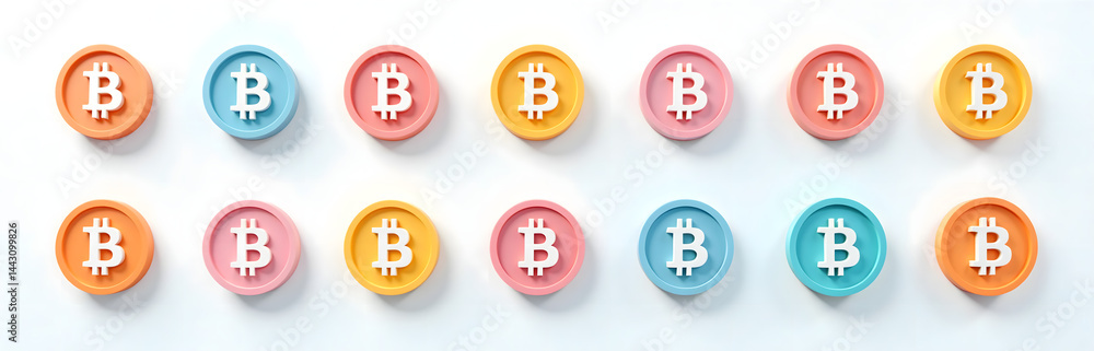 Poster a set of colorful bitcoin icons featuring playful pastel colors to add a fun touch to digital conten