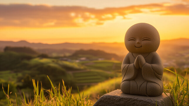 jizo statue against a sunset landscape, symbolizing peace, protection, and spiritual guidance, ideal for meditation visuals, zen-themed designs, and inspirational content