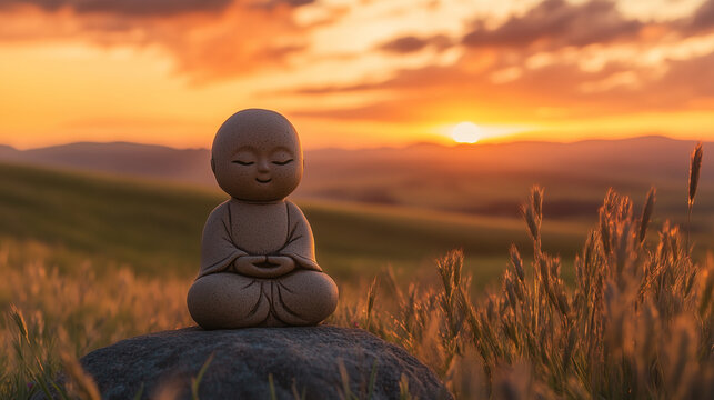 jizo statue against a sunset landscape, symbolizing peace, protection, and spiritual guidance, ideal for meditation visuals, zen-themed designs, and inspirational content