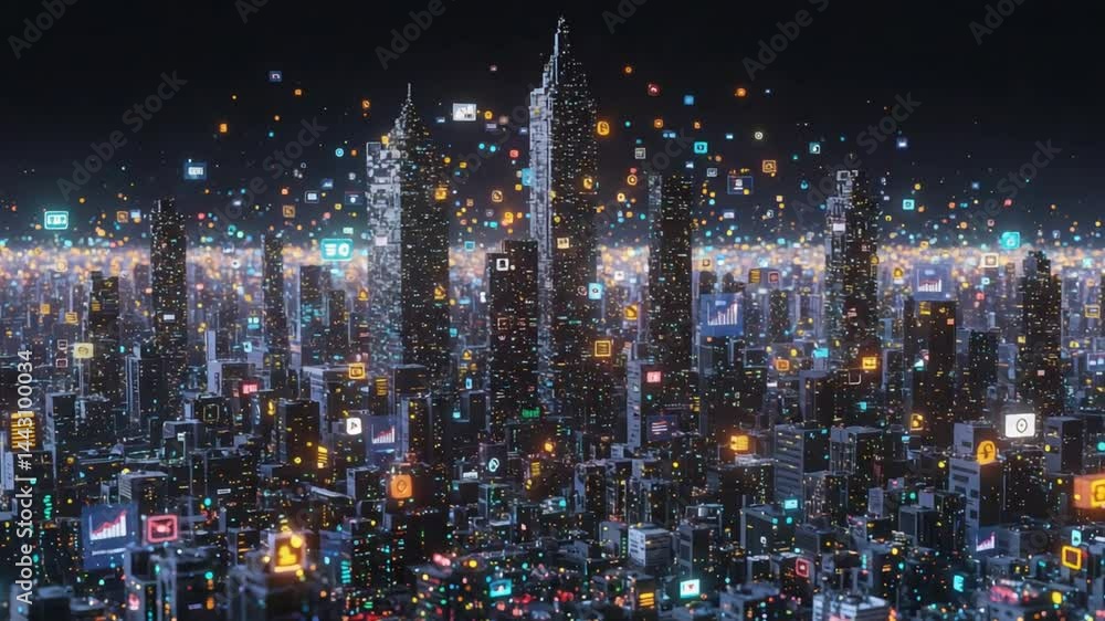 Poster digital metropolis: a futuristic cityscape illuminated by countless data streams and vibrant icons, 