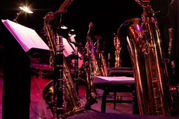 Big Band Saxophones. A view across the sax section of a big band without the musicians. 
