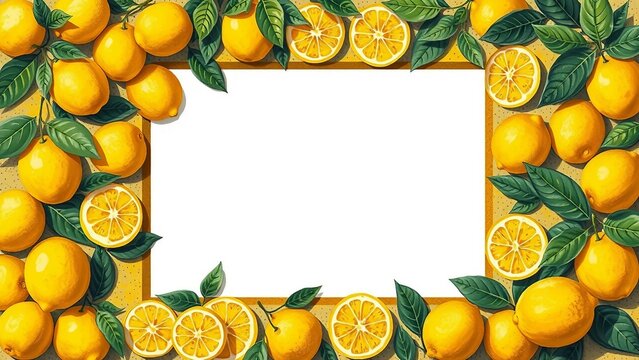Fruchtiger Rahmen aus Zitronen und gr&uuml;nen Bl&auml;ttern auf einem Hintergrund f&uuml;r Patz von Texten. Ideal f&uuml;r Sommerdesigns, Einladungen, Rezepte, Poster oder mediterrane Deko-Projekte.
