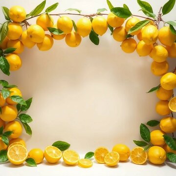 Fruchtiger Rahmen aus Zitronen und gr&uuml;nen Bl&auml;ttern auf einem Hintergrund f&uuml;r Patz von Texten. Ideal f&uuml;r Sommerdesigns, Einladungen, Rezepte, Poster oder mediterrane Deko-Projekte.