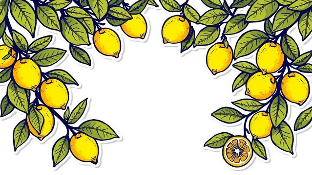 Fruchtiger Rahmen aus Zitronen und gr&uuml;nen Bl&auml;ttern auf einem Hintergrund f&uuml;r Patz von Texten. Ideal f&uuml;r Sommerdesigns, Einladungen, Rezepte, Poster oder mediterrane Deko-Projekte.
