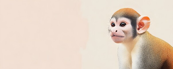 Cute squirrel monkey with big eyes looking left intently