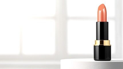 Obraz premium Lipstick in black tube with gold detail Orange shade Bright background
