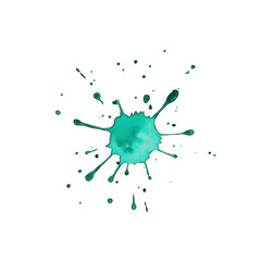 Fototapeta premium Vibrant turquoise paint splatter with dynamic droplets radiating outward on transparent background, creating artistic and energetic effect