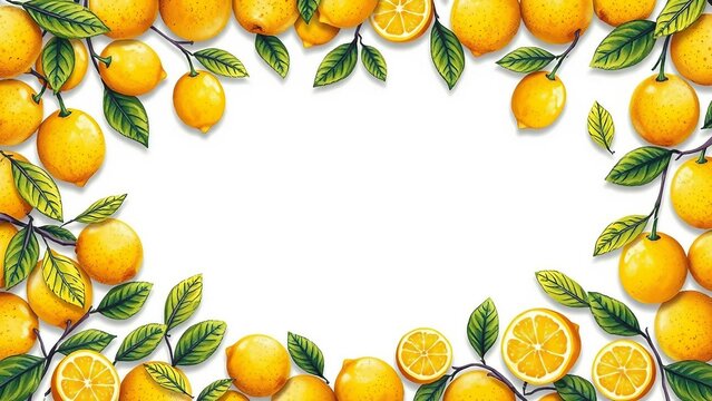 Fruchtiger Rahmen aus Zitronen und gr&uuml;nen Bl&auml;ttern auf einem Hintergrund f&uuml;r Patz von Texten. Ideal f&uuml;r Sommerdesigns, Einladungen, Rezepte, Poster oder mediterrane Deko-Projekte.