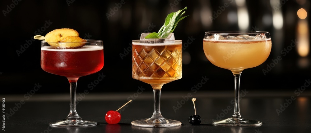 Poster elegant cocktail presentation featuring vibrant drinks with fruit garnish on a sleek dark surface cr