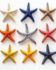 Colorful starfish arrangement on white background creating a vibrant summer mood capturing the essence of the sea with a bright and cheerful camera angle and style