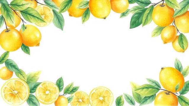 Fruchtiger Rahmen aus Zitronen und gr&uuml;nen Bl&auml;ttern auf einem Hintergrund f&uuml;r Patz von Texten. Ideal f&uuml;r Sommerdesigns, Einladungen, Rezepte, Poster oder mediterrane Deko-Projekte.