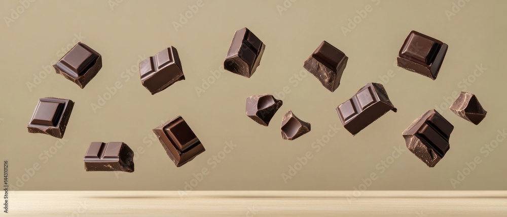 Poster dark chocolate pieces floating in air against a neutral background creating a dynamic and visually a
