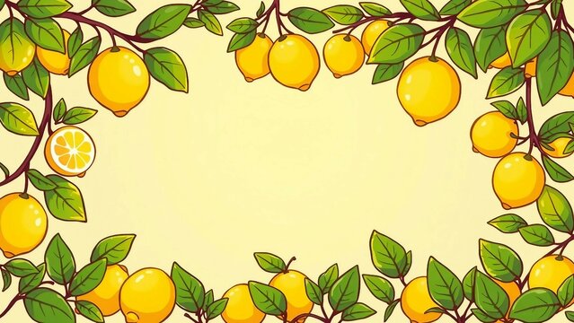 Fruchtiger Rahmen aus Zitronen und gr&uuml;nen Bl&auml;ttern auf einem Hintergrund f&uuml;r Patz von Texten. Ideal f&uuml;r Sommerdesigns, Einladungen, Rezepte, Poster oder mediterrane Deko-Projekte.