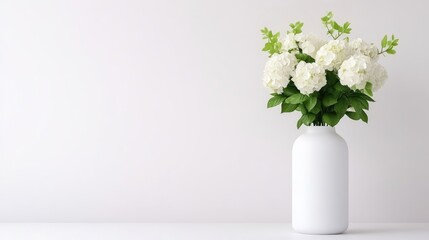A white vase filled with blooming white flowers and green leaves, standing on a minimalist white surface against a plain background, and elegant and serene composition.