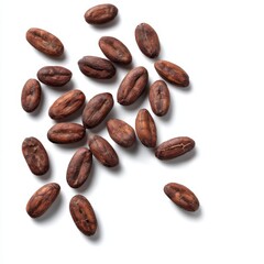 Cocoa beans scattered overhead isolated on white background