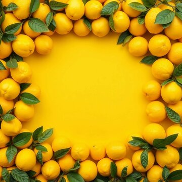 Fruchtiger Rahmen aus Zitronen und gr&uuml;nen Bl&auml;ttern auf einem Hintergrund f&uuml;r Patz von Texten. Ideal f&uuml;r Sommerdesigns, Einladungen, Rezepte, Poster oder mediterrane Deko-Projekte.