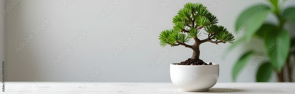 Aufkleber a small elegant bonsai tree is placed in a simple minimalist white ceramic pot on a table top._00001