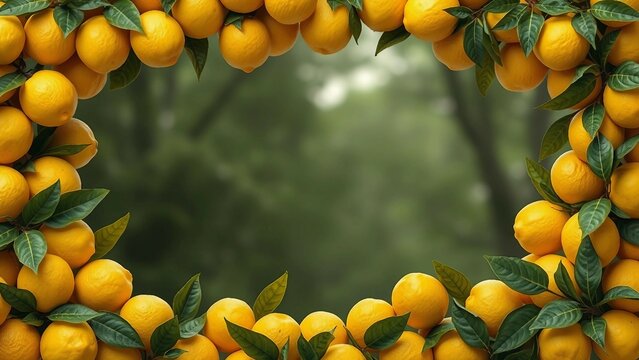 Fruchtiger Rahmen aus Zitronen und gr&uuml;nen Bl&auml;ttern auf einem Hintergrund f&uuml;r Patz von Texten. Ideal f&uuml;r Sommerdesigns, Einladungen, Rezepte, Poster oder mediterrane Deko-Projekte.