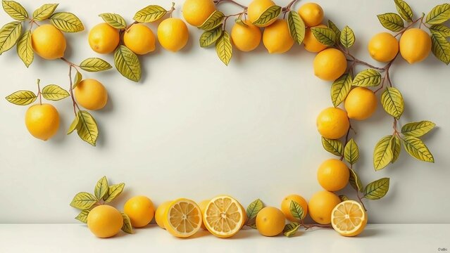 Fruchtiger Rahmen aus Zitronen und gr&uuml;nen Bl&auml;ttern auf einem Hintergrund f&uuml;r Patz von Texten. Ideal f&uuml;r Sommerdesigns, Einladungen, Rezepte, Poster oder mediterrane Deko-Projekte.