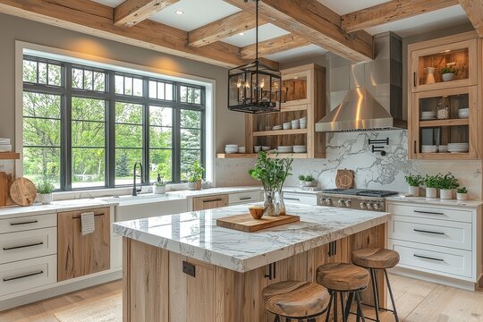  Modern and airy kitchen with white oak cabinets, quartzite countertops, stainless steel appliances, wood beams, and natural light. Central island with bar stools for seating.