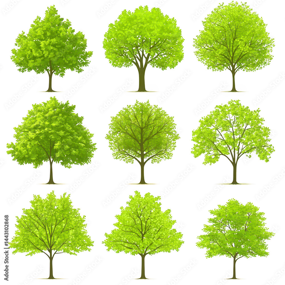 Poster collection of nine vibrant green trees, each with unique shapes and lush foliage, displayed in grid 