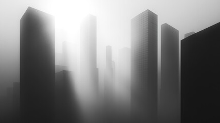 Fototapeta premium Sun rays pierce through dense fog, illuminating a city skyline of tall buildings in monochrome.